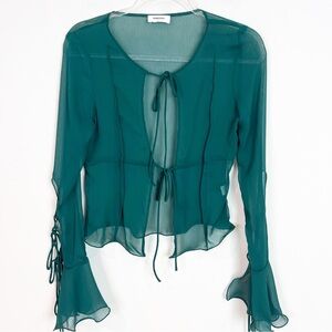 RUMORED EAST END TOP GREEN SHEER LONG BELL SLEEVE BLOUSE WITH TIES WOMENS SZ XS